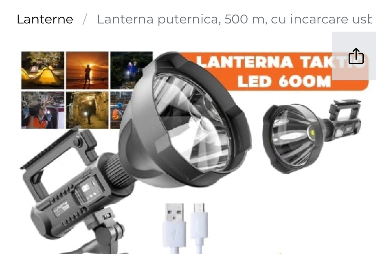 LANTERNA PUTERNICA, 500 M, CU INCARCARE USB, SI FUNCTIE POWERBANK, TREPIED CADOU