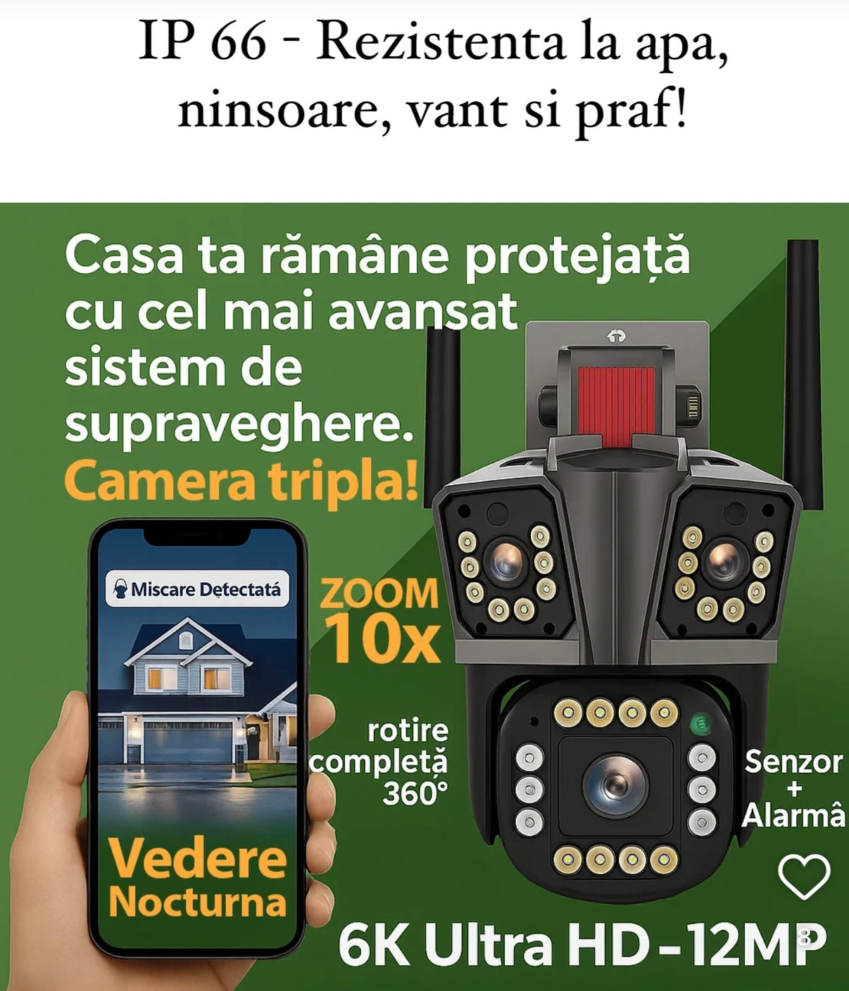 Cameră de Supraveghere cu 3 Camere, 12mp, Zoom 10X 4G