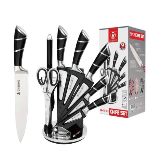 Set Cutite Profesionale 9 Piese din Otel Inoxidabil, Suport Elegant, Manere Ergonomice, Negru, Calitate Premium pentru Bucatarie