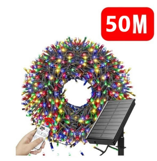 Instalație LED Crăciun 50M cu Panou Solar Lumini Multicolore RGB, 550 LED pentru Exterior și Interior, Rezistentă la Apă