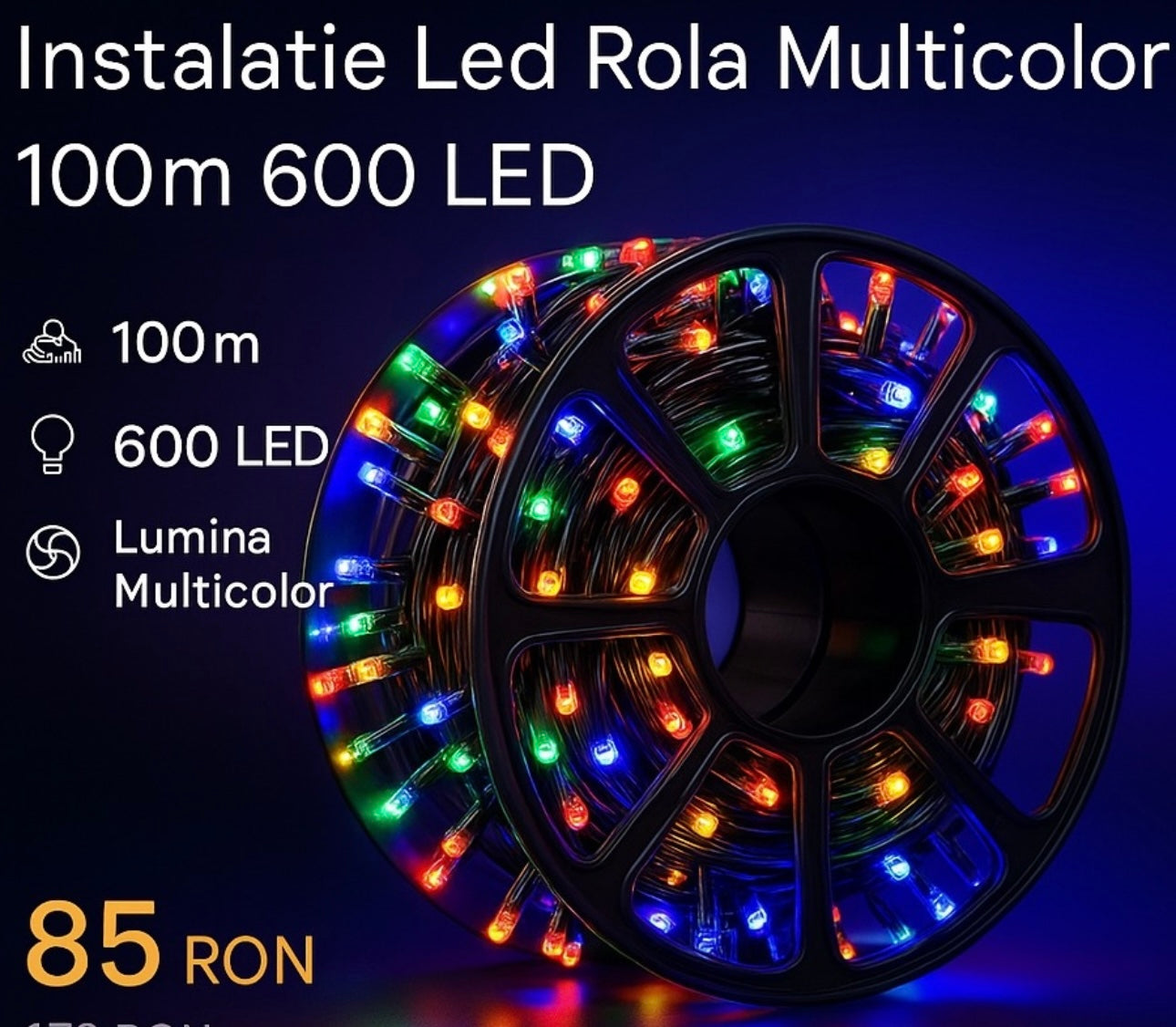 Instalatie LED tip rola, lungime 100m, cu 480 led mare tip diamant, IP 44, 8 jocuri de lumini