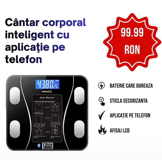 Cântar Corporal Inteligent cu Aplicaţie Telefon • Sticlă Securizată • Afisaj LCD • Negru
