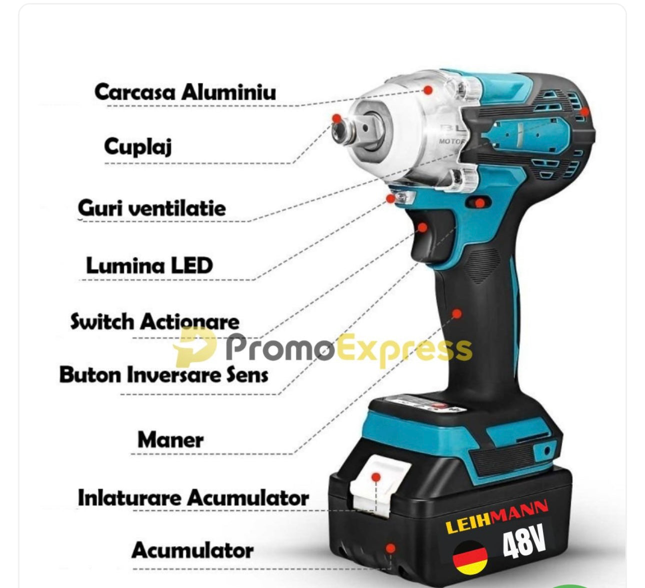 Bormasina / pistol cu impact 48V cu 2 acumulatori si 40 accesorii LEIH MANN