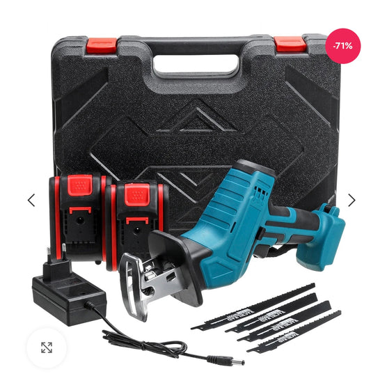 Fierastrau electric tip sabie cu 2 acumulatori 48V 5000 mAh, 4 panze, valiza de transport, Albastru