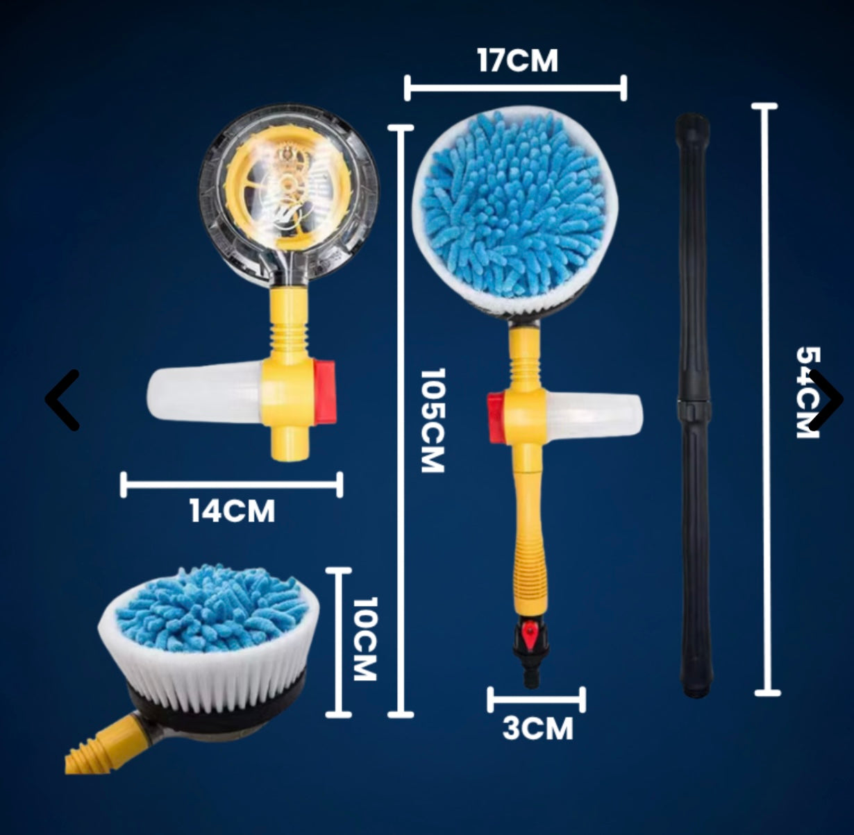 Perie Rotativă 2-în-1 cu Mâner Extensibil și Dozator de Săpun pentru Spălat Mașina