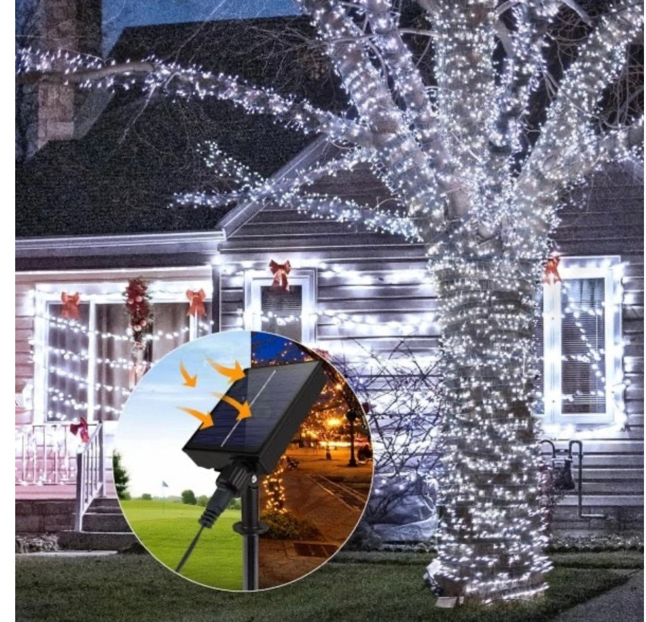 Instalație LED Crăciun 50m cu Panou Solar Lumina Alb-Rece, 550 LED Rezistentă la Apă pentru Exterior și Interior