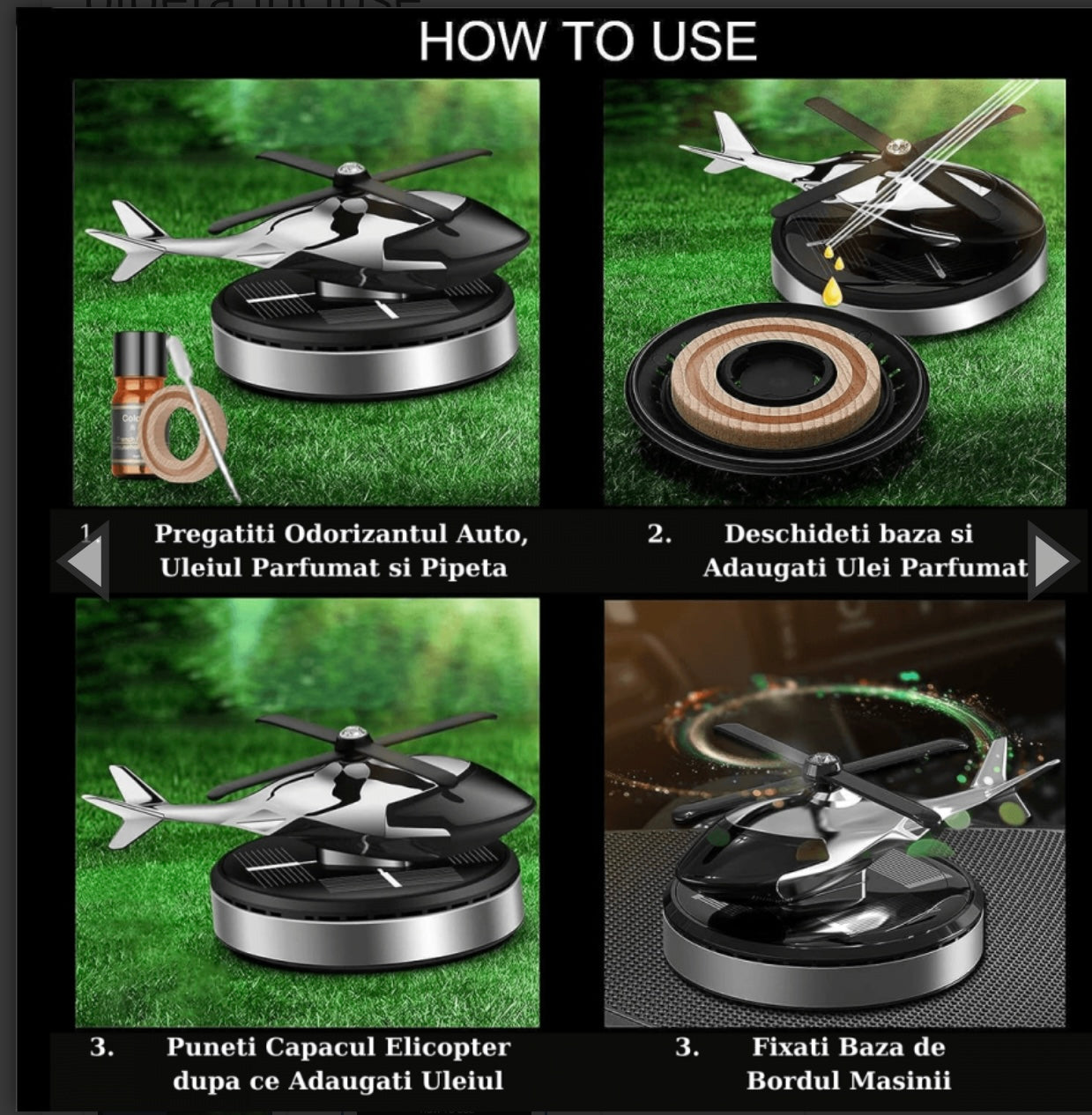 Odorizant auto cu incarcare solara, baza antiderapanta, Ulei parfumat si pipeta incluse