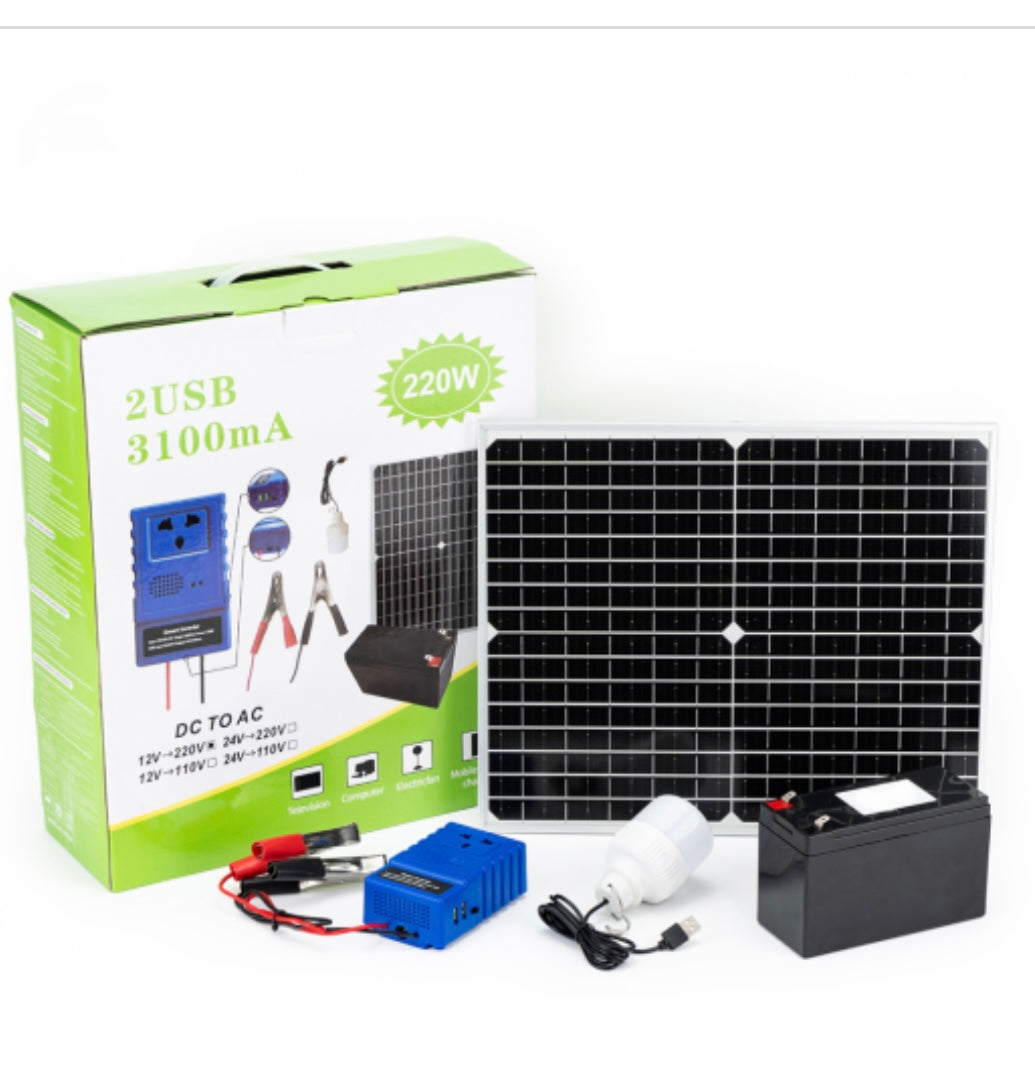 Kit cu panou solar si acumulator iesire priza 220v 200w