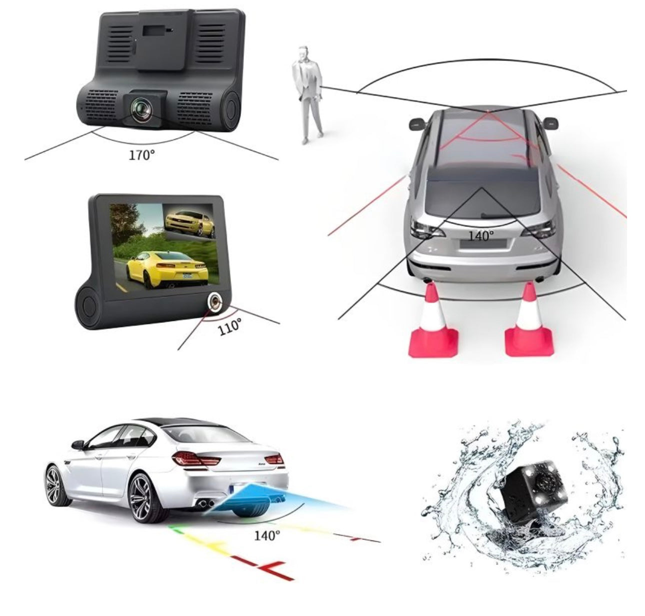 Camera Auto Triplă Full HD 1080p cu Ecran 2 Inch, Senzor de Miscare, Night Vision, Monitorizare Parcare și Filmare în Bucla