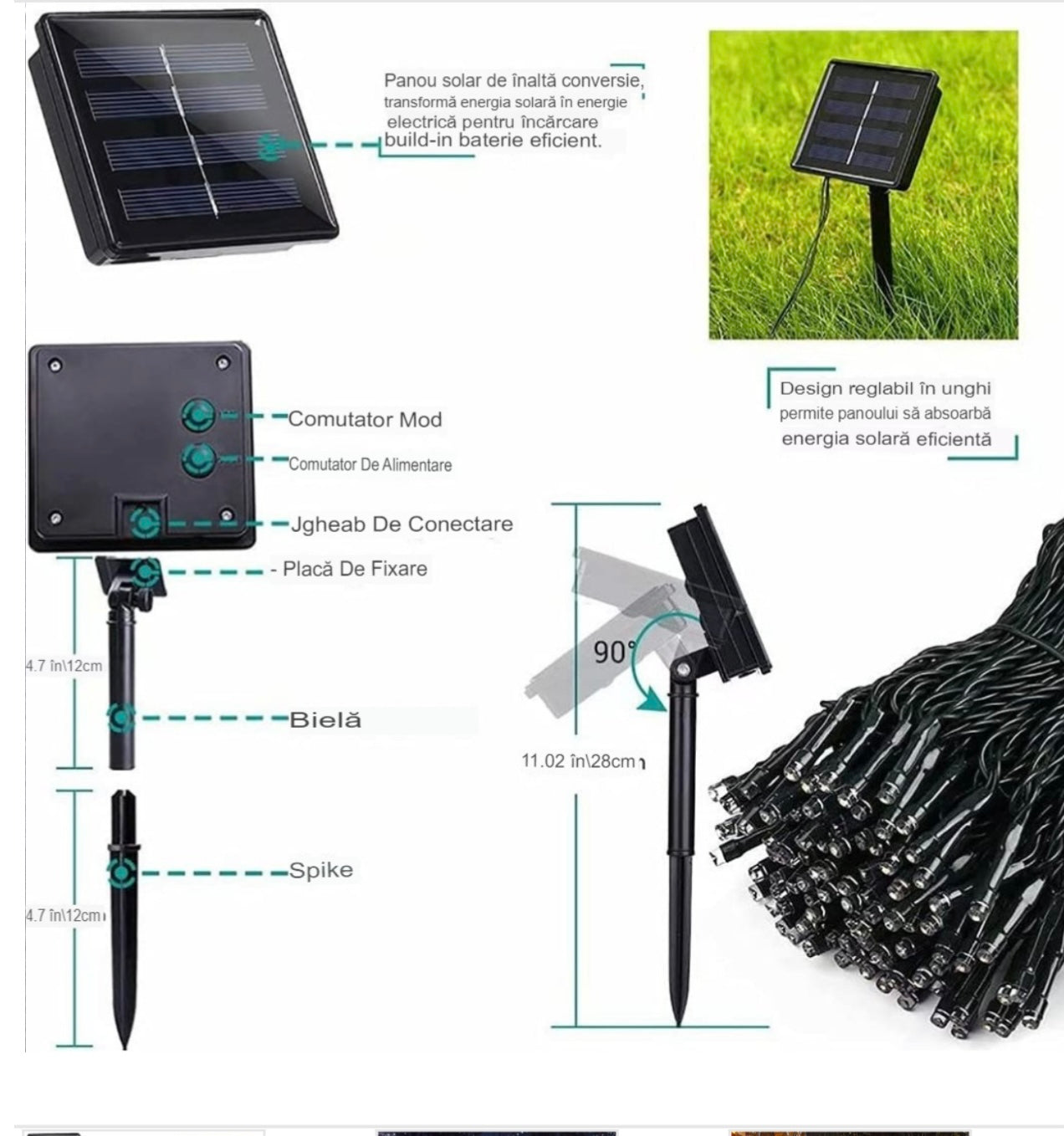 Instalație LED Crăciun 50m cu Panou Solar Lumina Alb-Rece, 550 LED Rezistentă la Apă pentru Exterior și Interior