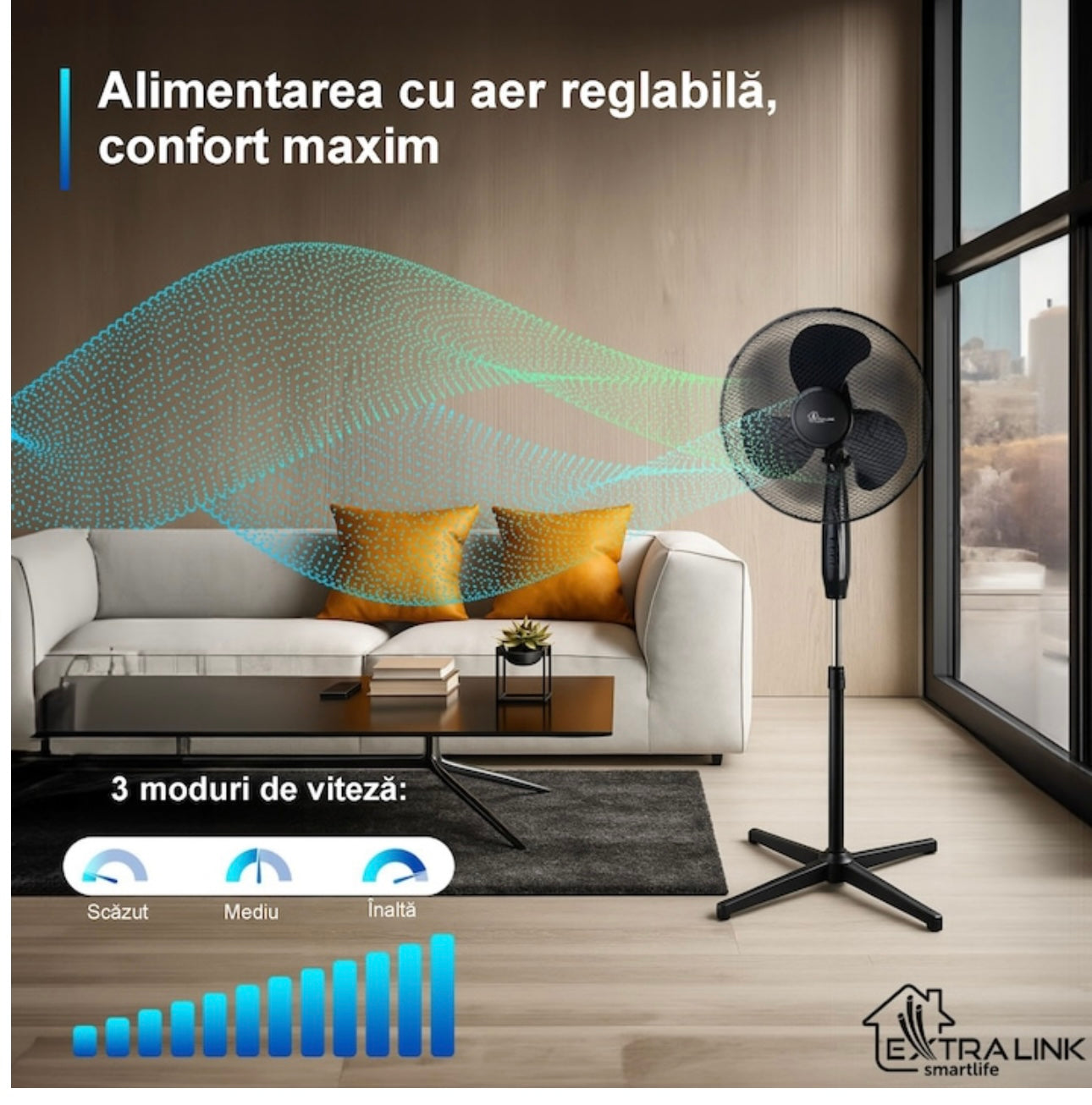 Ventilator cu picior Inteligent 3 în 1, Control prin Aplicație și Telecomandă, 7 Viteze, Timer, 50W, afisaj LED, Oscilație orizontala