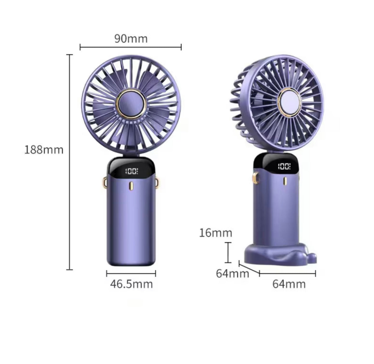 Ventilator Ultra Portabil, 3 in 1, Orientare ajustabila, 5 Trepte de Viteza, acumulator, de Mana, Birou, Pliabil, Ecran LCD, Albastru