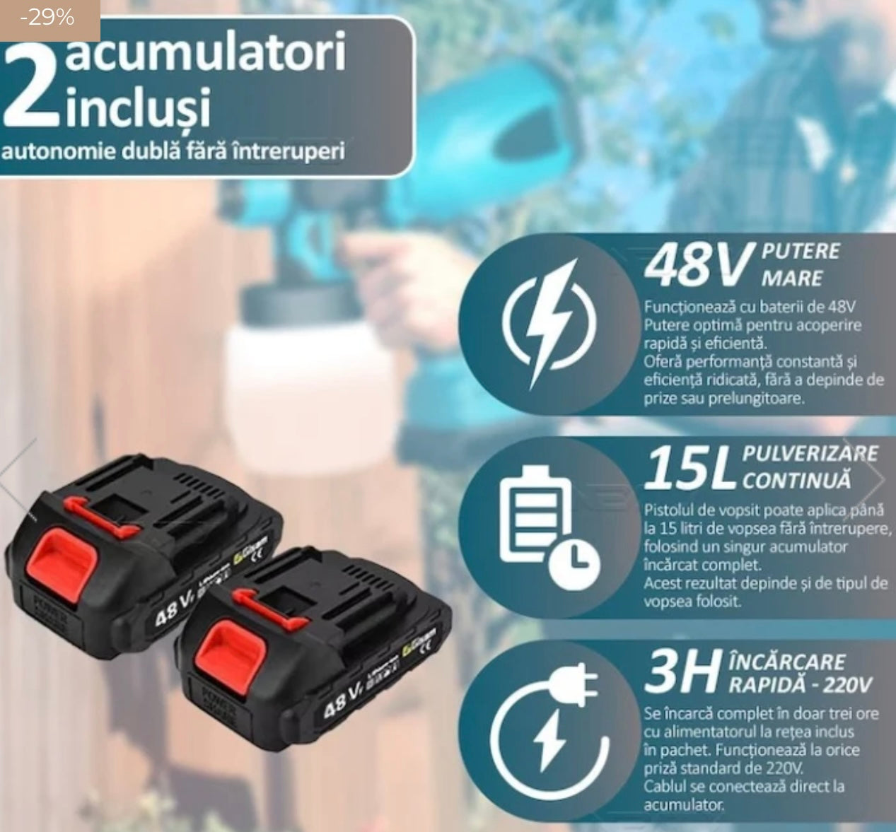 Pistol de vopsit cu acumulator, capacitate 800 ml, debit reglabil, 3 moduri de pulverizare, autonomie mare, 2 acumulatori inclusi de 48V, vascozitate 130din, debit maxim 1l/min, negru-albastru