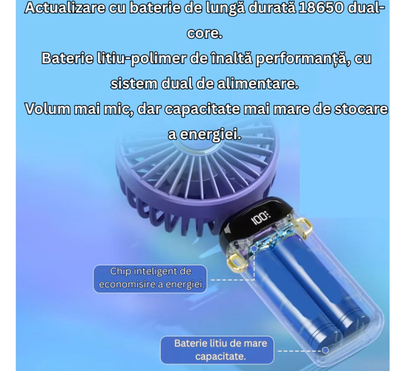 Ventilator Ultra Portabil, 3 in 1, Orientare ajustabila, 5 Trepte de Viteza, acumulator, de Mana, Birou, Pliabil, Ecran LCD, Albastru