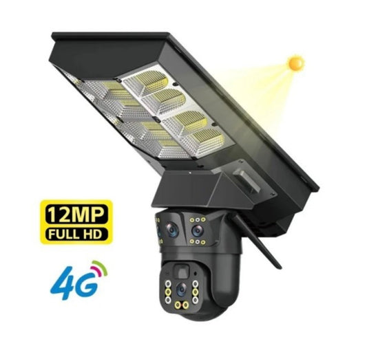 CAMERA SUPRAVEGHERE 4G SOLARA EXTERIOR | 12MP 4K ULTRA HD, PTZ 360°, ZOOM OPTIC X10, PROIECTOR LED 600W, IP67, CARD MEMORIE CADOU