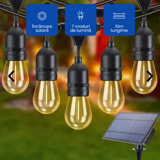 Ghirlandă de 10 Becuri LED cu Panou Solar, Jocuri de Lumină și Rezistenta la Vreme Rea