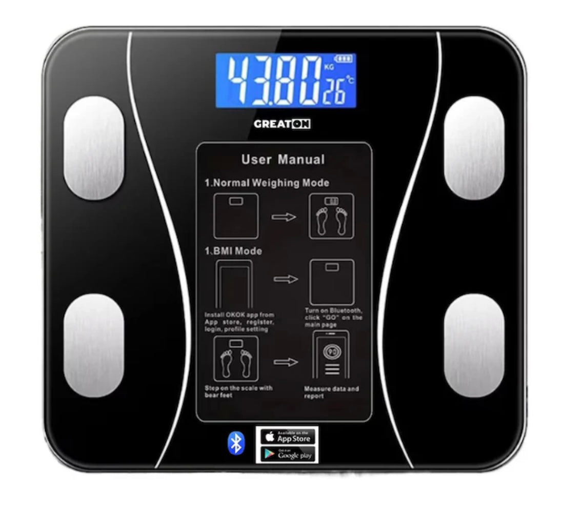 Cântar Corporal Inteligent cu Aplicaţie Telefon • Sticlă Securizată • Afisaj LCD • Negru