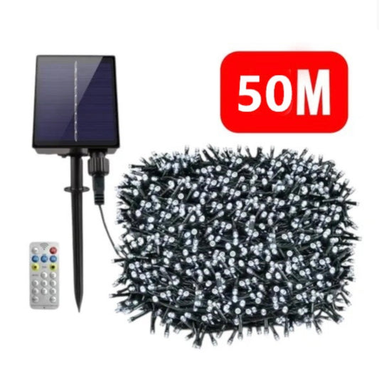 Instalație LED Crăciun 50m cu Panou Solar Lumina Alb-Rece, 550 LED Rezistentă la Apă pentru Exterior și Interior