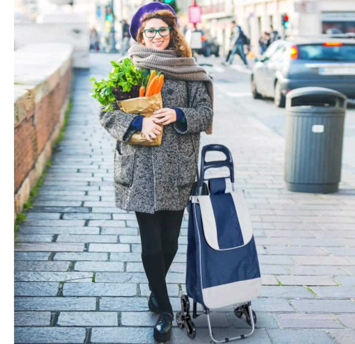 Cărucior de Cumpărături Pliabil cu 6 Roți, Structură Metalică Rezistentă și Husă Textilă Detașabilă, Lavabilă, Albastru Închis