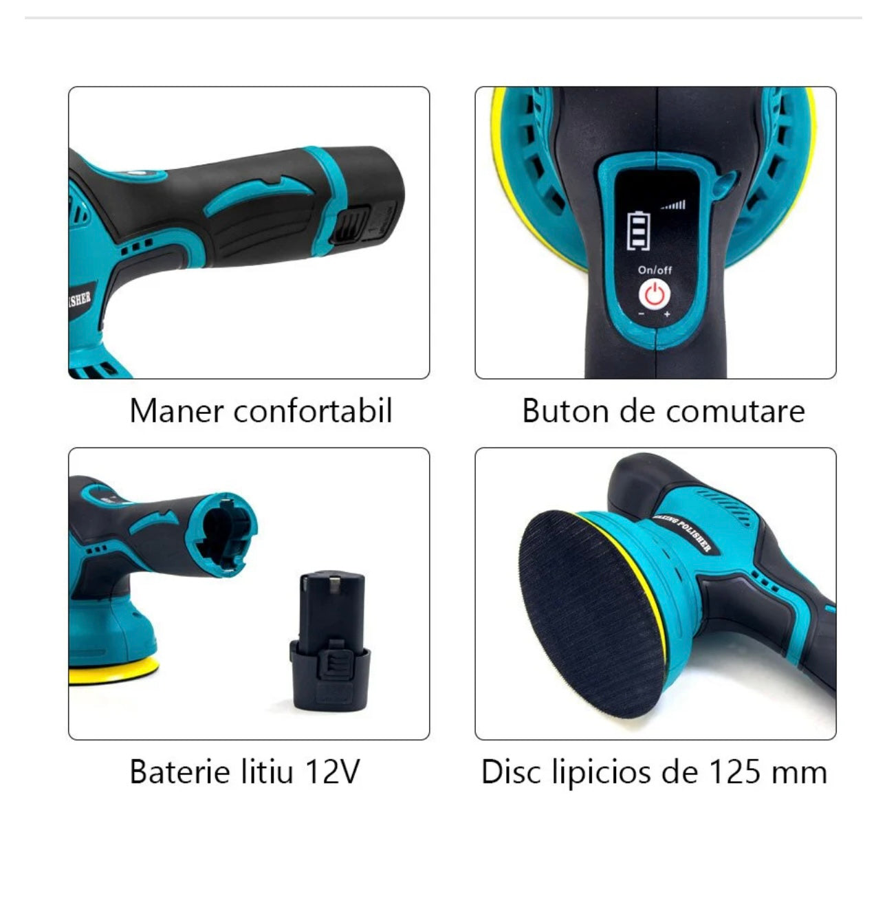 Aparat Polish Auto Profesional cu 2 Acumulatori 12V, 8 Viteze, 2500–5000 RPM, Orbital pentru Detailing