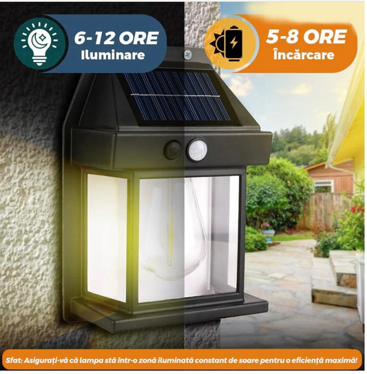 Lampă Solară LED de Perete Tip Felinar Iluminat Exterior cu Senzor de Mișcare 8m