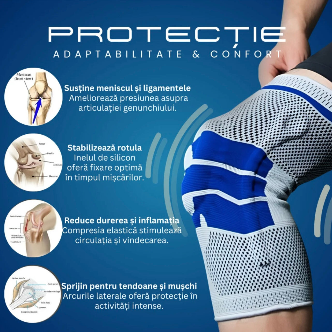 Set genunchiere  profesional elastice pentru genunchi, lungime 35 cm, universală, mărimi S-M-L