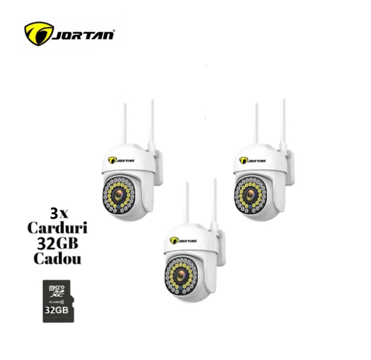 Set 3X Camere de supraveghere Jortan WIFI, Full HD, Detectie umana, rotire rapida din aplicatie, 360 grade, Vedere color noaptea, 3X Carduri 32GB