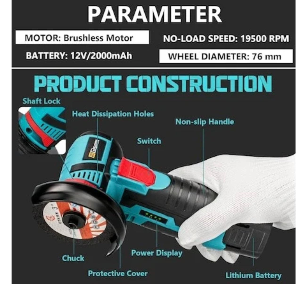 Mini polizor unghiular Flex Fara fir cu 2 Acumulatori 48V, 5 Discuri, 76 mm incluse, 19500 Rpm, 750W, 1500 mAh, Autonomie Mare