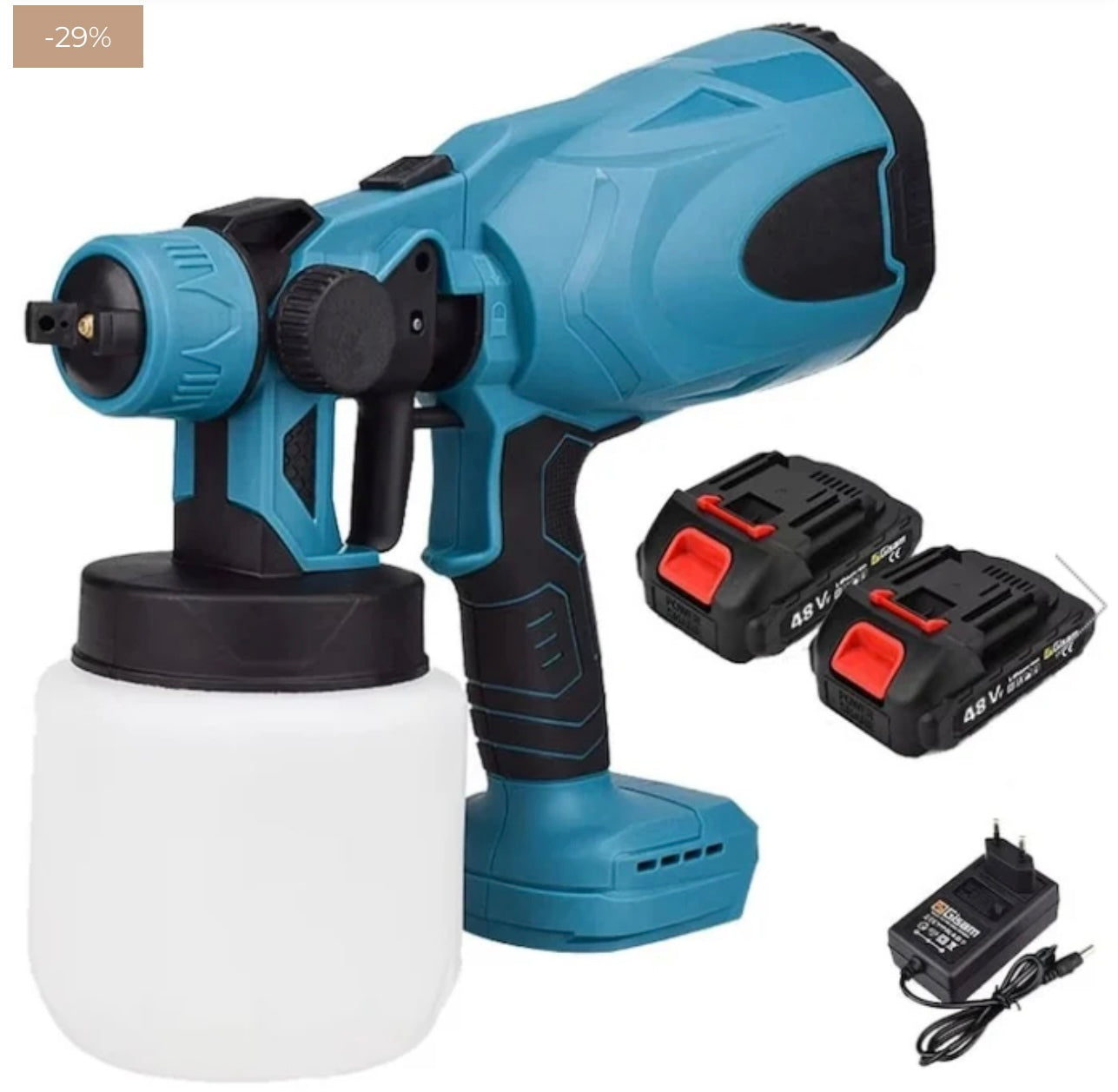 Pistol de vopsit cu acumulator, capacitate 800 ml, debit reglabil, 3 moduri de pulverizare, autonomie mare, 2 acumulatori inclusi de 48V, vascozitate 130din, debit maxim 1l/min, negru-albastru