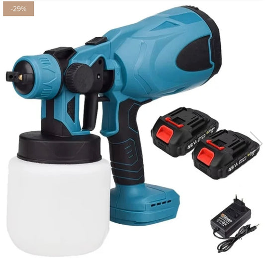 Pistol de vopsit cu acumulator, capacitate 800 ml, debit reglabil, 3 moduri de pulverizare, autonomie mare, 2 acumulatori inclusi de 48V, vascozitate 130din, debit maxim 1l/min, negru-albastru