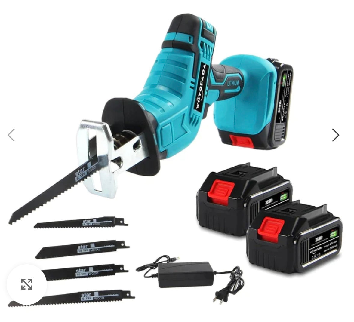 Fierastrau electric tip sabie cu 2 acumulatori 48V 5000 mAh, 4 panze, valiza de transport, Albastru