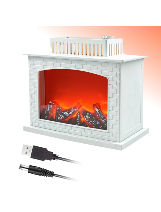 Semineu Decorativ, Lumina LED cu simulare flacari, Model Vintage , Cu iluminare calda, Alimentare priza, Alimentare pe baterii, 21.5 x 21. cm, Pentru interior, Plastic, Alb