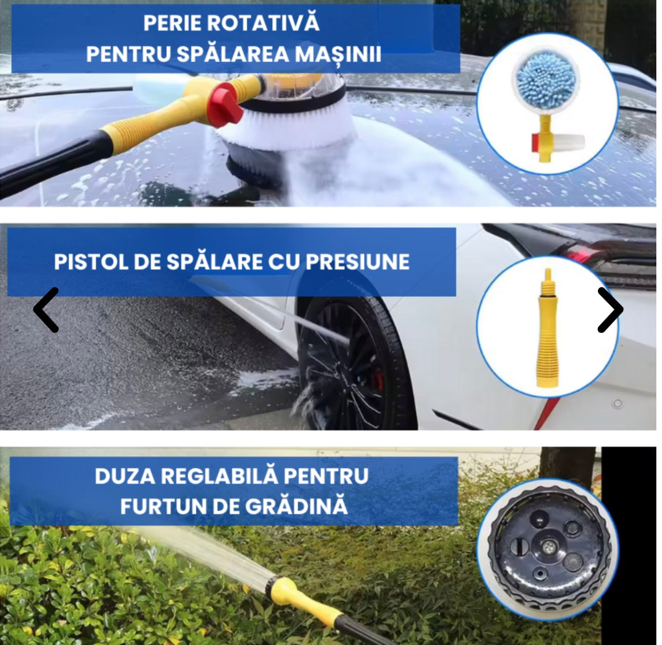 Perie Rotativă 2-în-1 cu Mâner Extensibil și Dozator de Săpun pentru Spălat Mașina