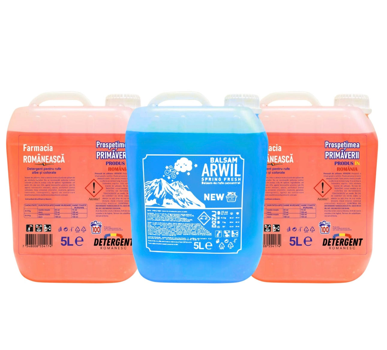 1x5L Detergent prospețimea primăveri
1x5L prospețimea primăveri 
1x5L Balsam fresh 
Ofera 300de spălări.