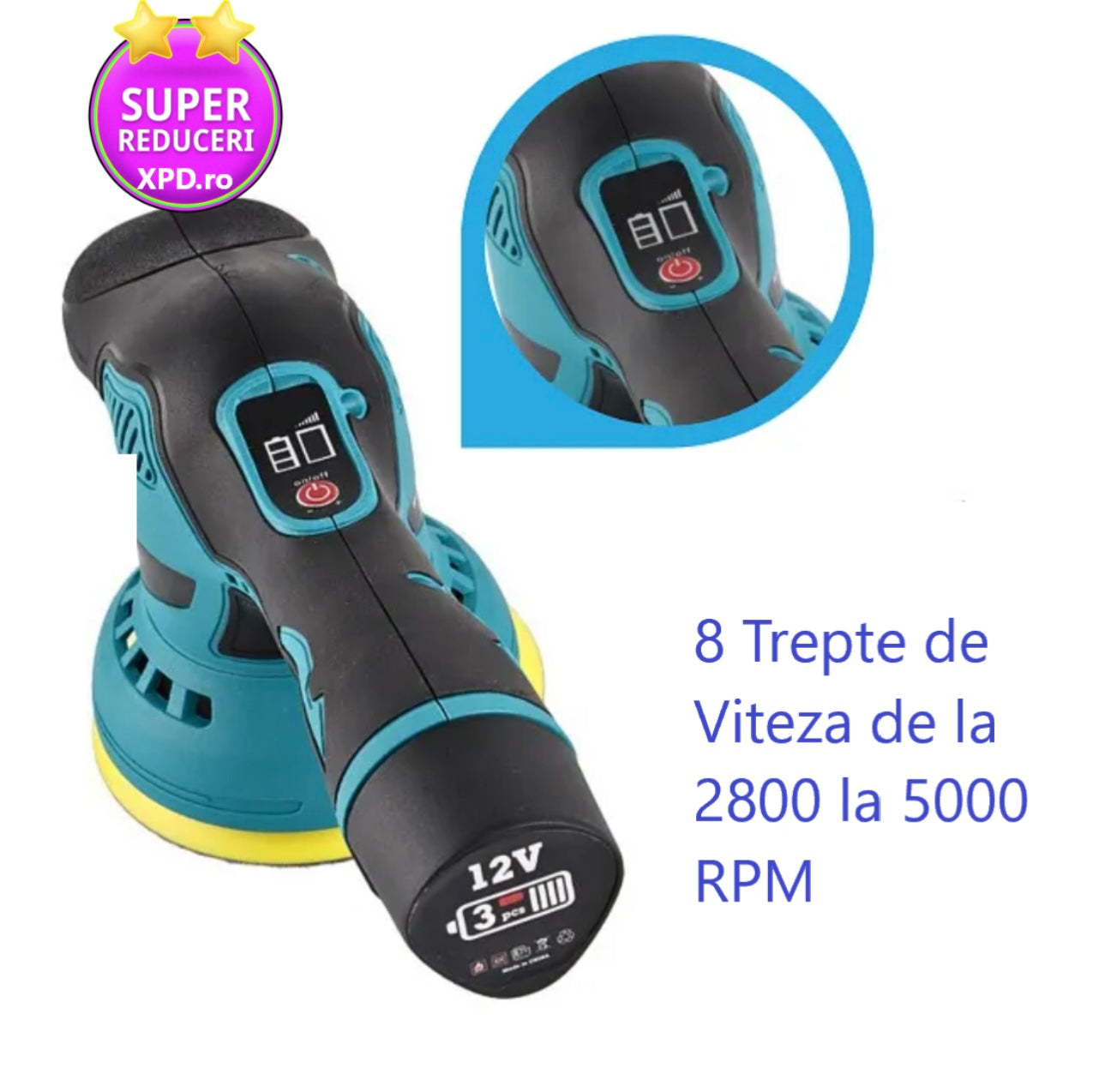 Aparat Polish Auto Profesional cu 2 Acumulatori 12V, 8 Viteze, 2500–5000 RPM, Orbital pentru Detailing