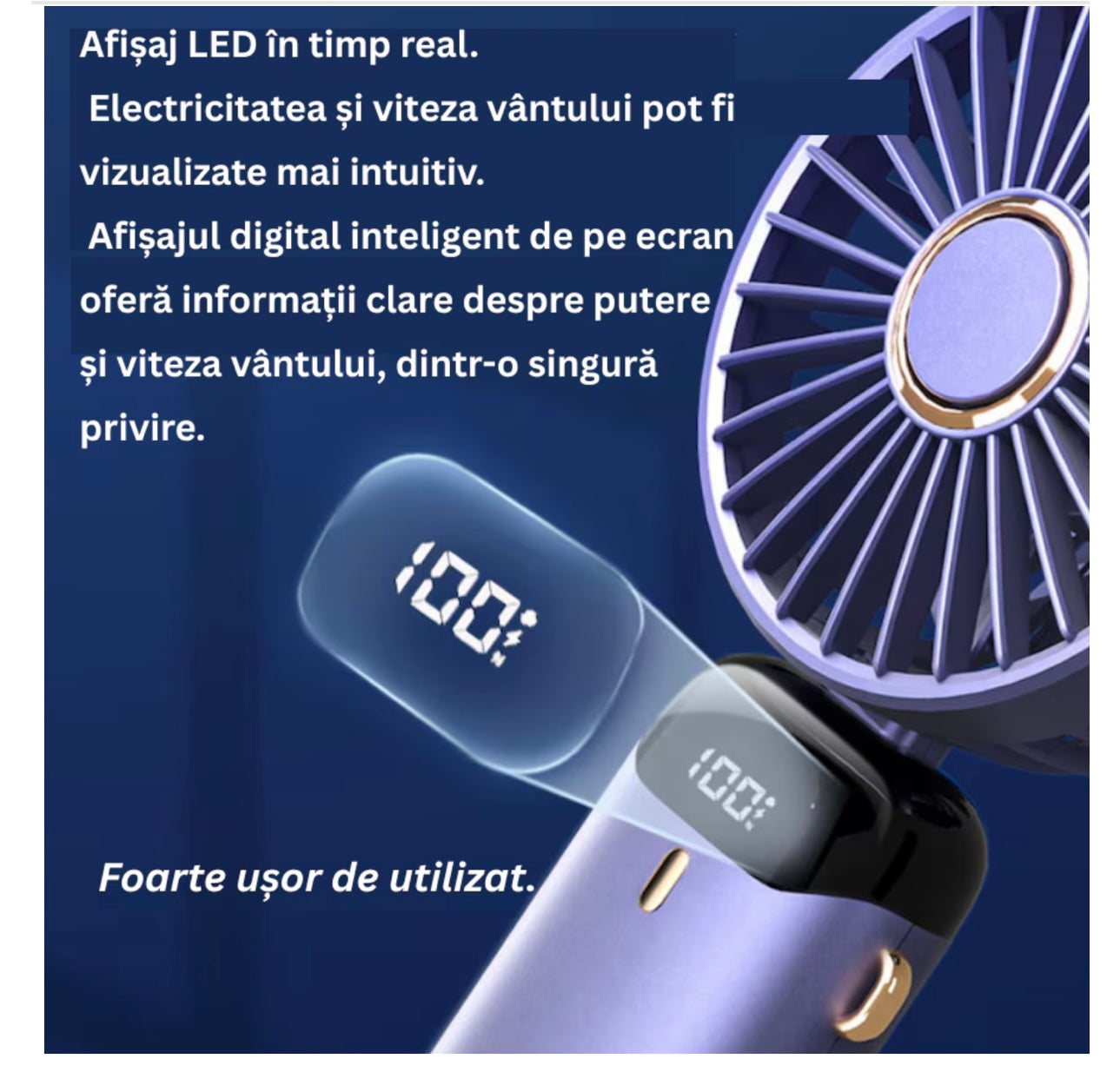 Ventilator Ultra Portabil, 3 in 1, Orientare ajustabila, 5 Trepte de Viteza, acumulator, de Mana, Birou, Pliabil, Ecran LCD, Albastru