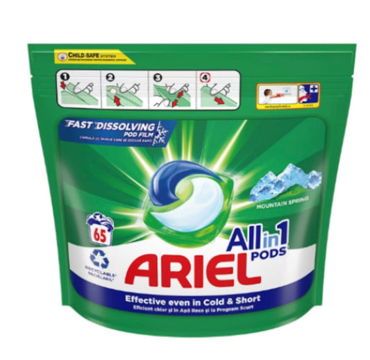 Detergent de rufe Capsule Ariel Mountain Spring Cold Boost All in One PODS, 65 Spalari