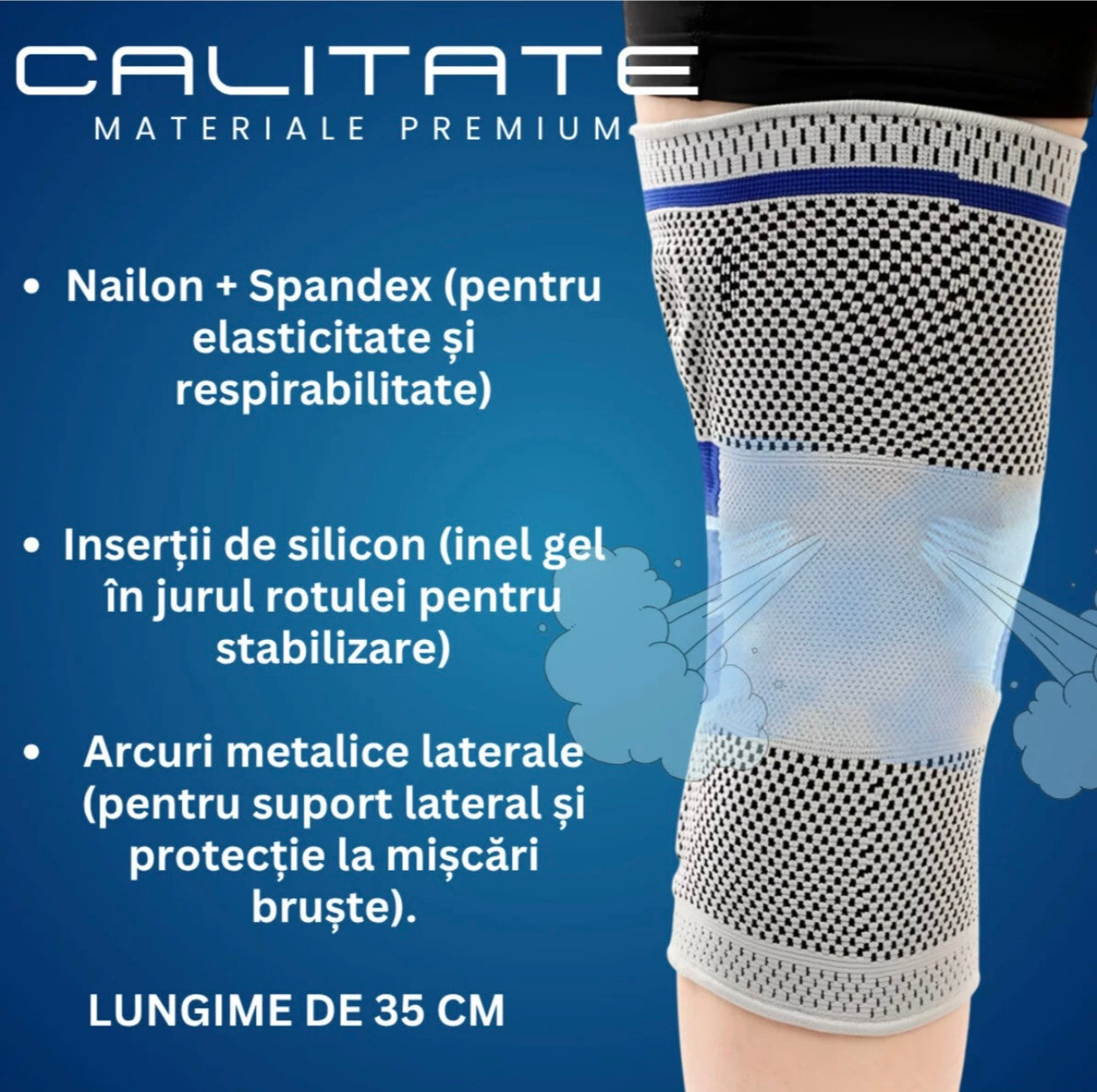 Set genunchiere  profesional elastice pentru genunchi, lungime 35 cm, universală, mărimi S-M-L