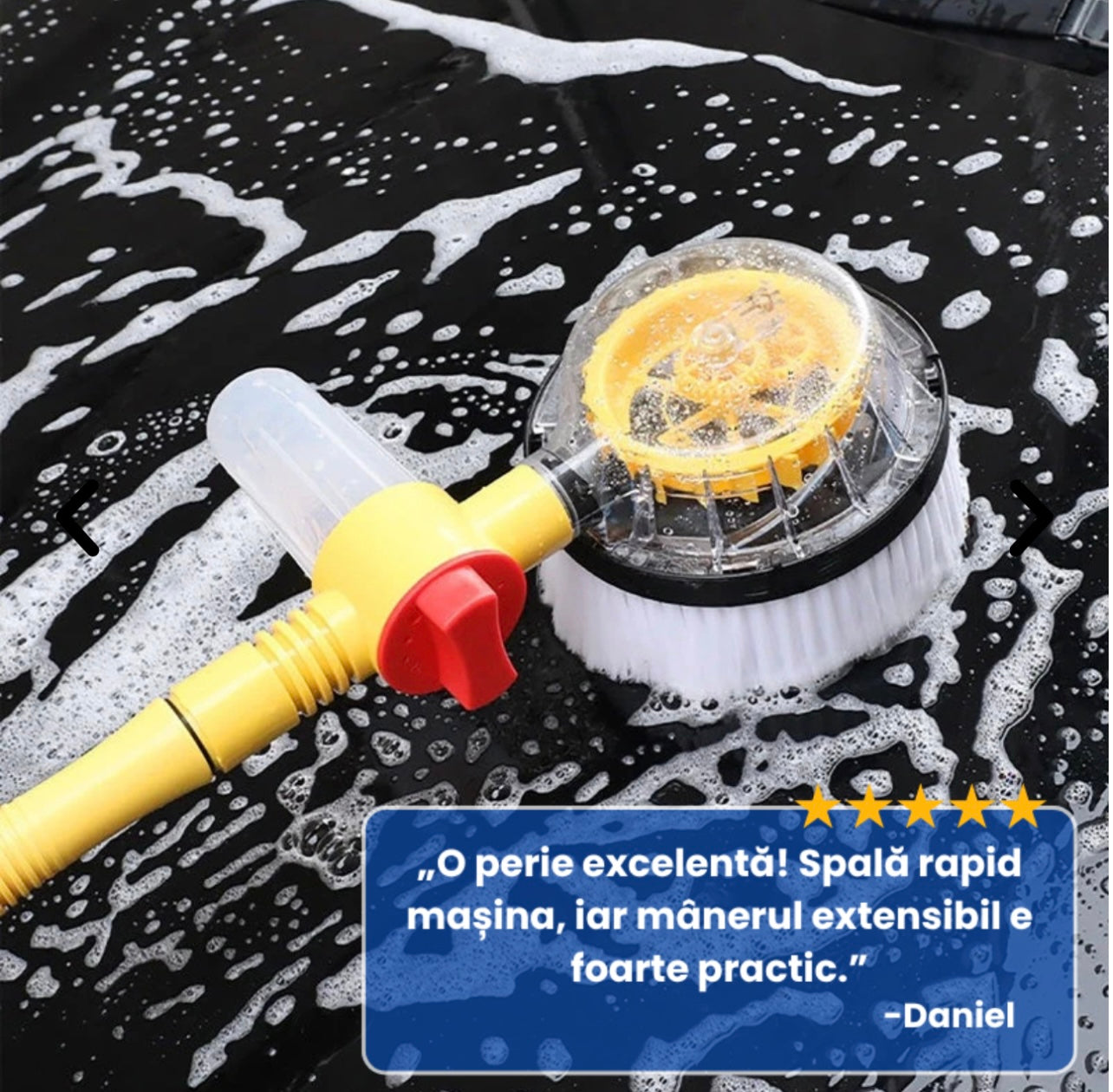 Perie Rotativă 2-în-1 cu Mâner Extensibil și Dozator de Săpun pentru Spălat Mașina