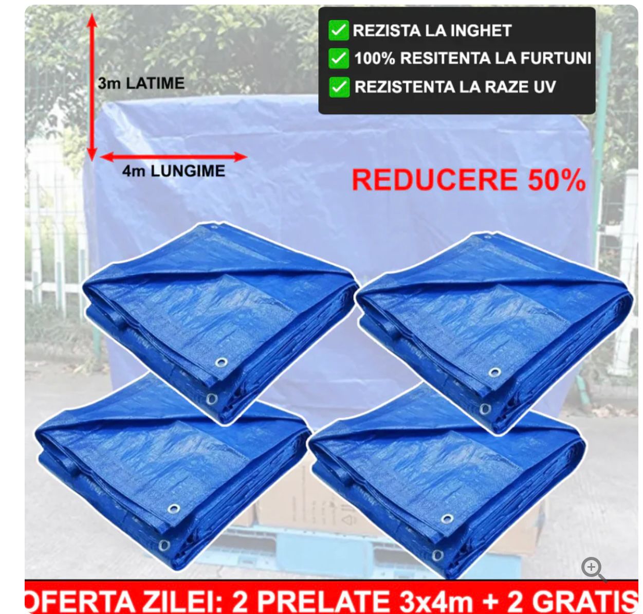 2+2 GRATIS: Prelata Super Rezistenta Pentru Ploaie si Acoperit Suprafete, 3×4 m