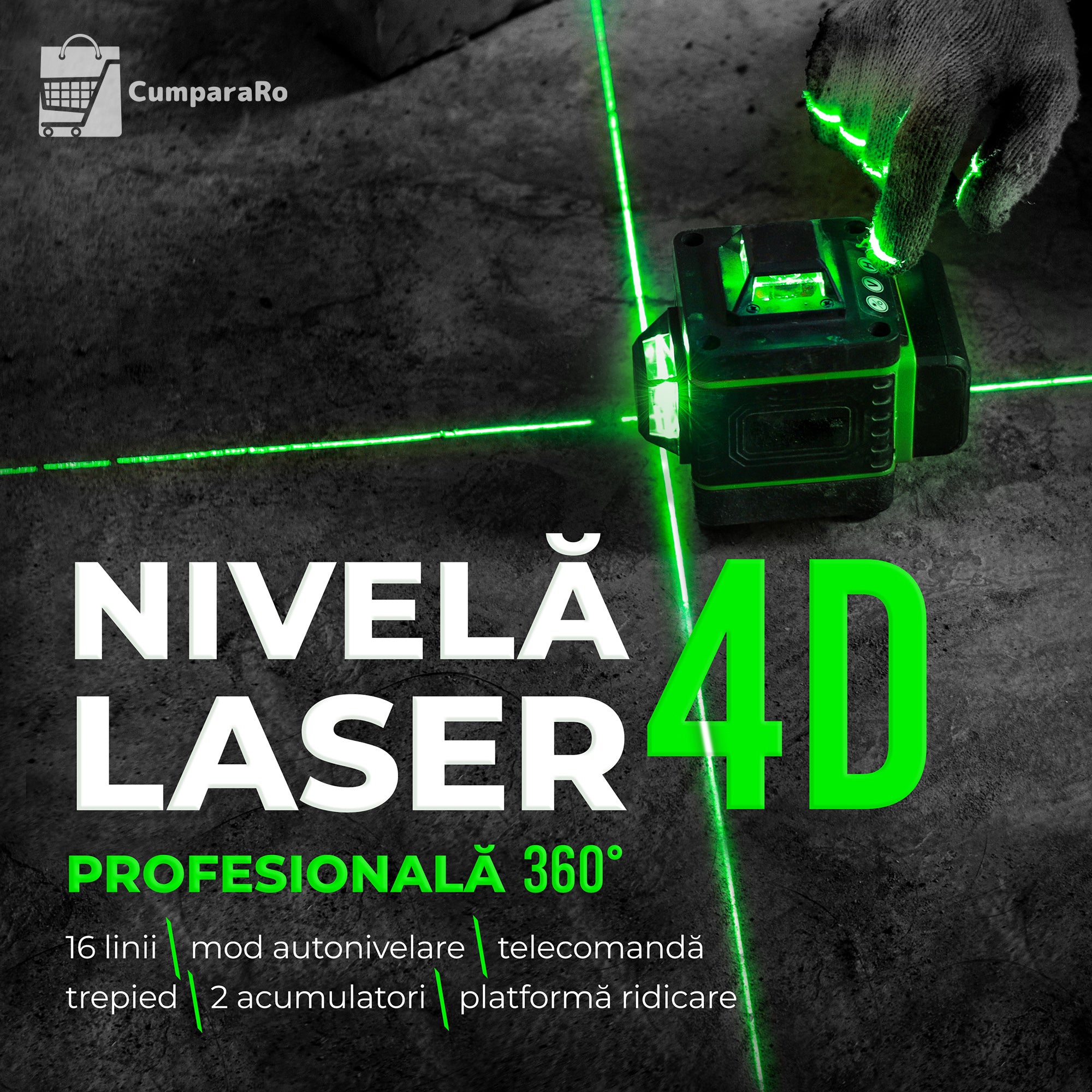 Nivela Laser 4D cu 16 Linii, Autonivelare, 2 Acumulatori, Lumina Verde, Trepied 150 cm Telecomandă, Platformă Ridicare, Profesională