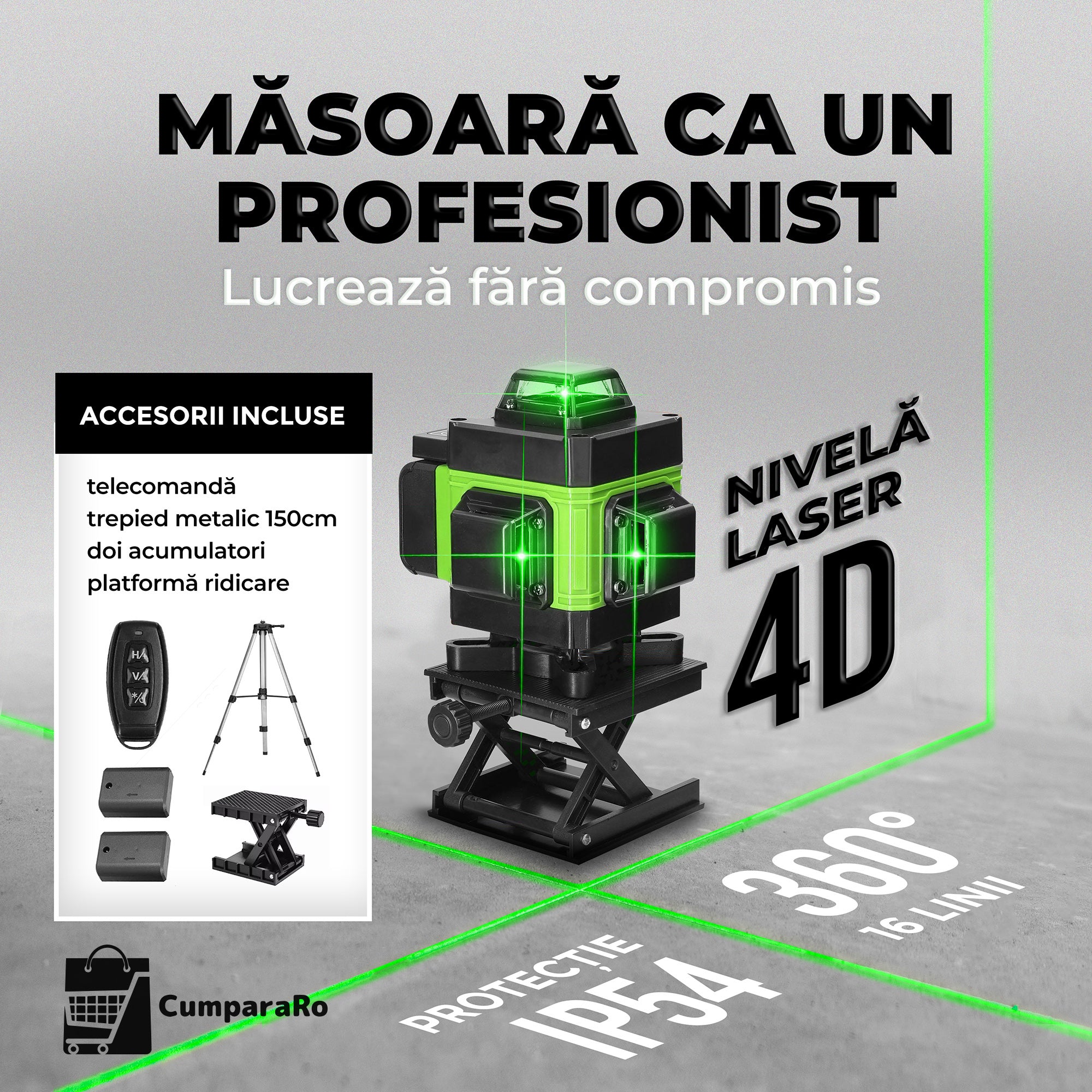 Nivela Laser 4D cu 16 Linii, Autonivelare, 2 Acumulatori, Lumina Verde, Trepied 150 cm Telecomandă, Platformă Ridicare, Profesională