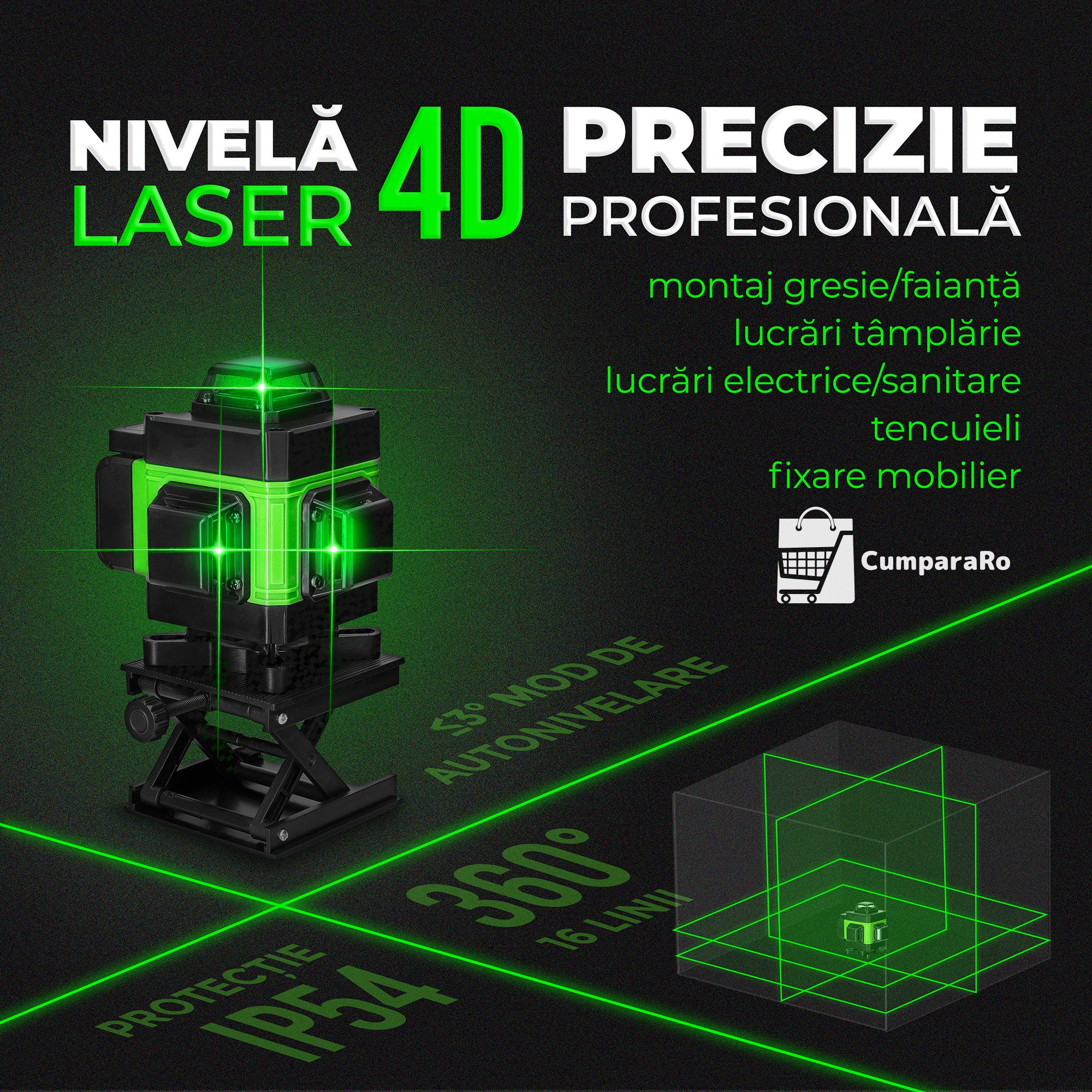 Nivela Laser 4D cu 16 Linii, Autonivelare, 2 Acumulatori, Lumina Verde, Trepied 150 cm Telecomandă, Platformă Ridicare, Profesională