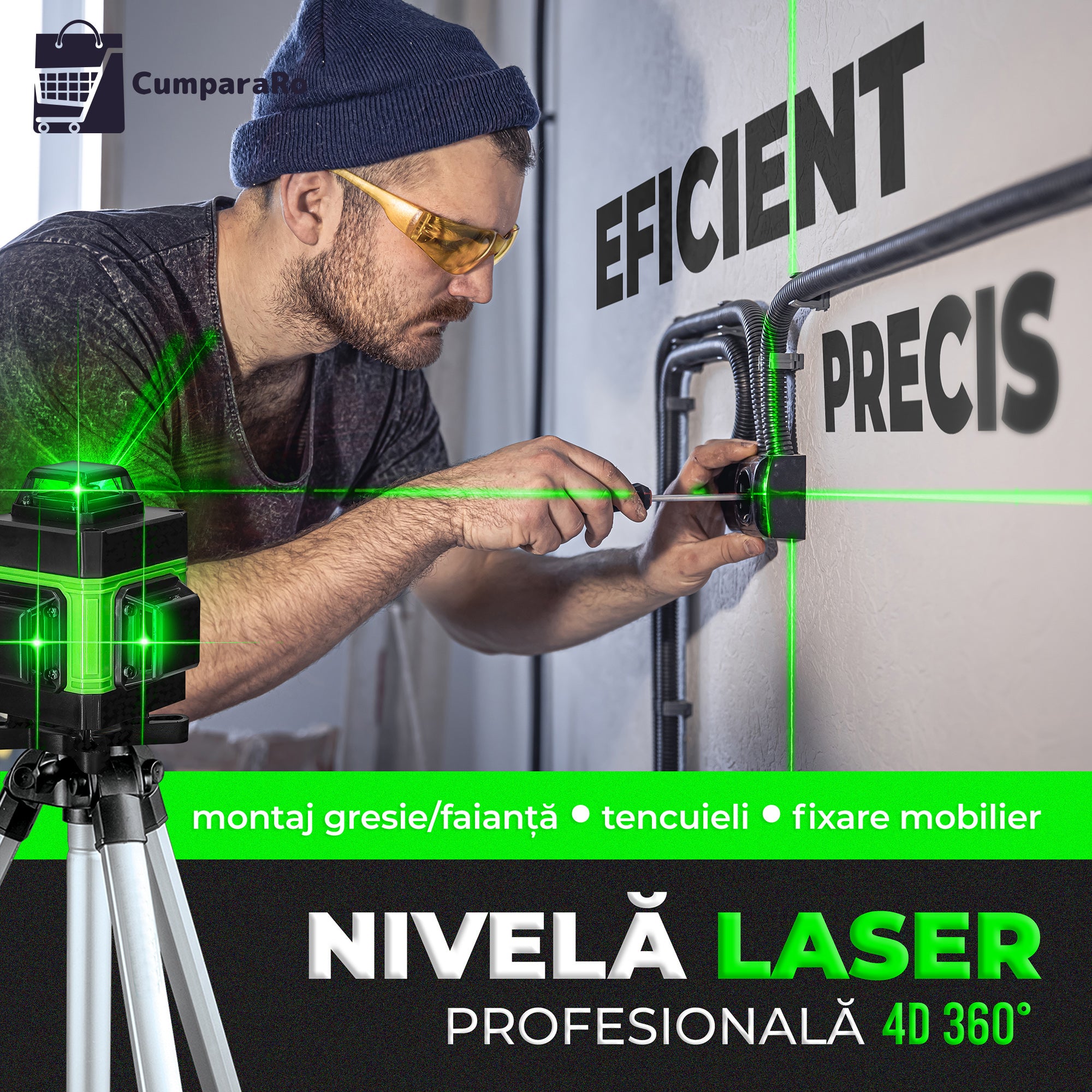 Nivela Laser 4D cu 16 Linii, Autonivelare, 2 Acumulatori, Lumina Verde, Trepied 150 cm Telecomandă, Platformă Ridicare, Profesională