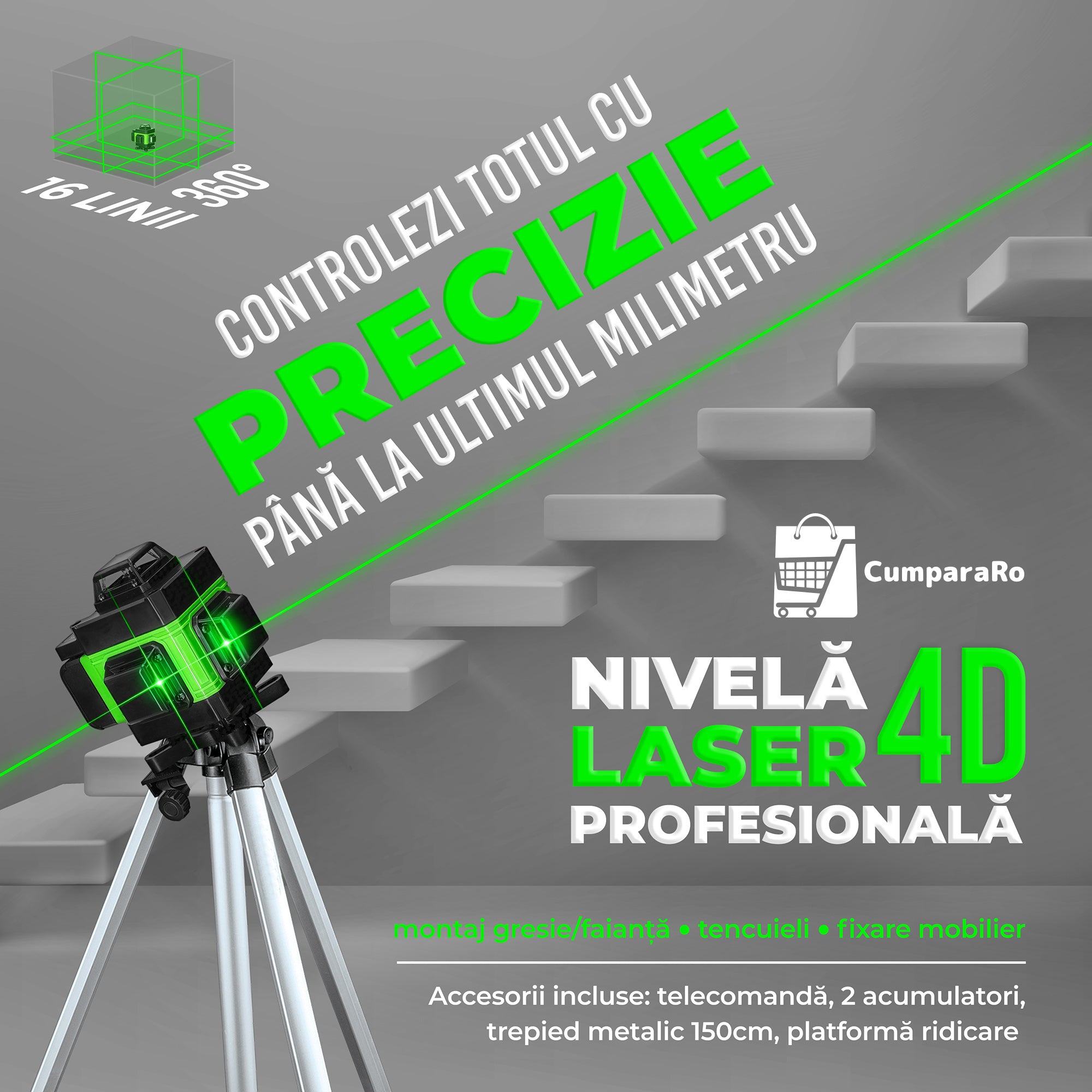 Nivela Laser 4D cu 16 Linii, Autonivelare, 2 Acumulatori, Lumina Verde, Trepied 150 cm Telecomandă, Platformă Ridicare, Profesională