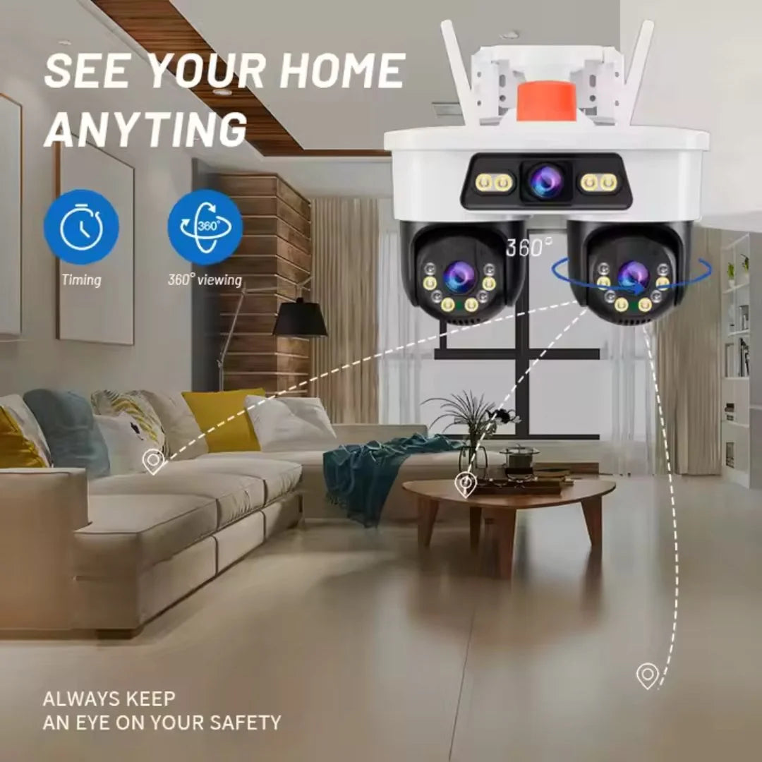 Cameră de Supraveghere WiFi Jortan 9MP cu 3 Lentile, Cap Dual, Rotire PTZ 355°, Viziune Nocturnă, Compatibilă cu aplicația Yoosee