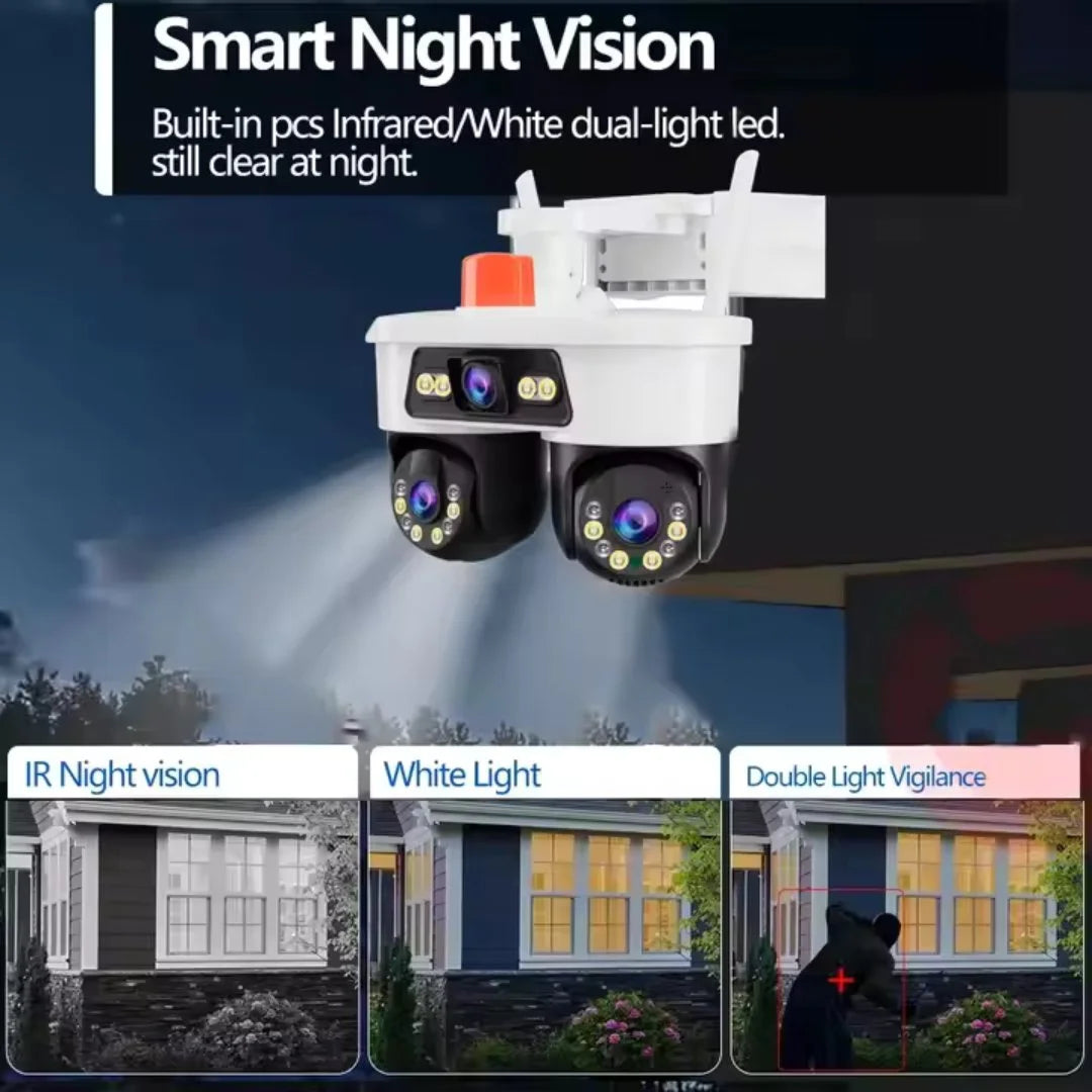 Cameră de Supraveghere WiFi Jortan 9MP cu 3 Lentile, Cap Dual, Rotire PTZ 355°, Viziune Nocturnă, Compatibilă cu aplicația Yoosee