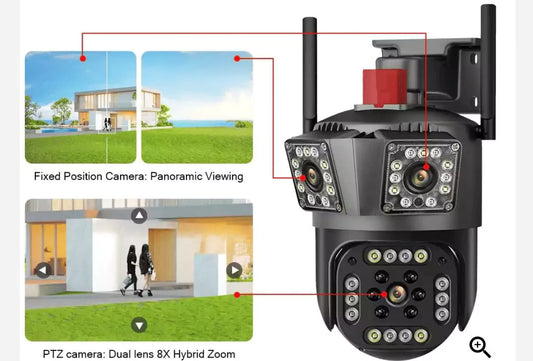 Cameră de Supraveghere Exterior cu 3 Lentile, 12MP, Zoom 10X, Viziune Panoramică 360°