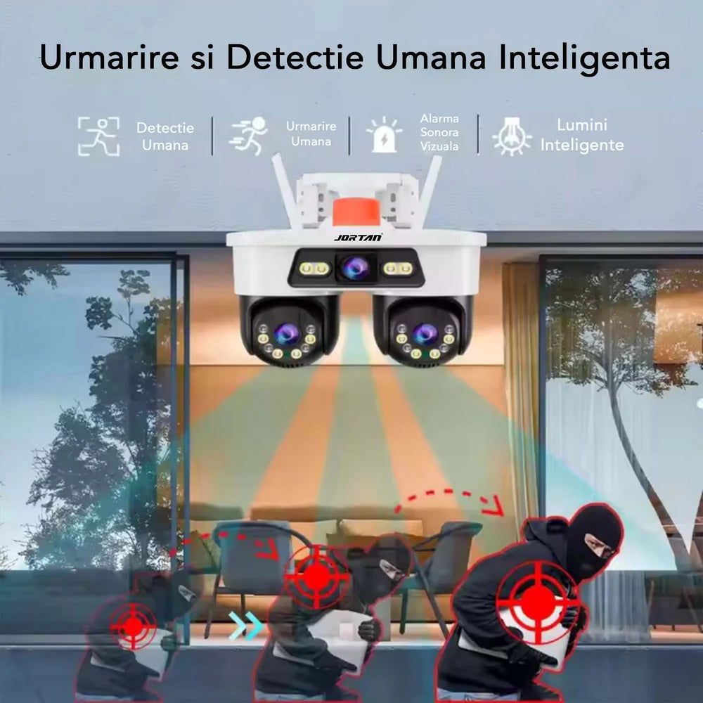 Cameră Supraveghere WiFi Jortan Ultra HD 9 MP 6K, 3 Lentile, Cap Dublu PTZ 355°