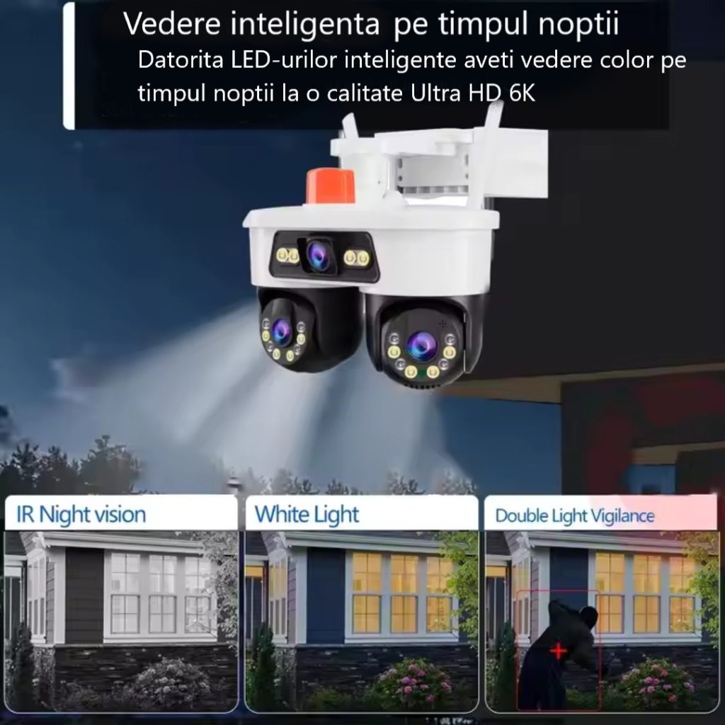 Cameră Supraveghere WiFi Jortan Ultra HD 9 MP 6K, 3 Lentile, Cap Dublu PTZ 355°